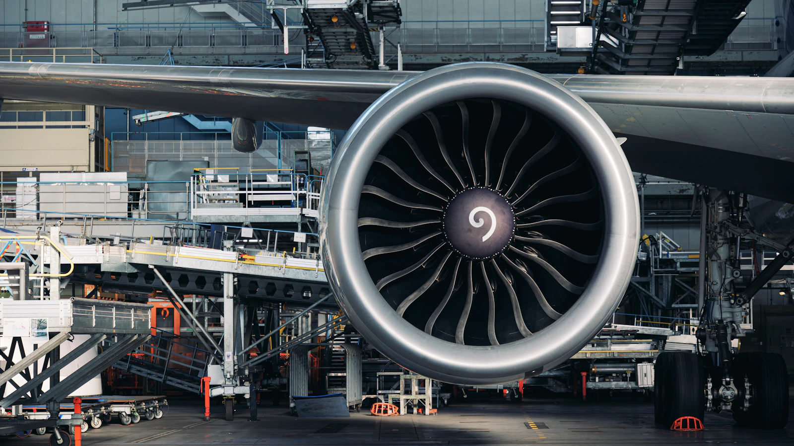 Turbofan engine and wing of a widebody aircraft surrounded by docking platforms inside a maintenance hangar