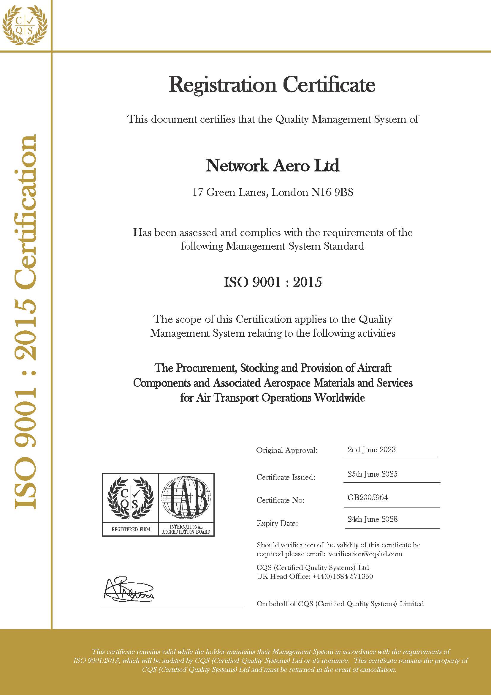 Network Aero Ltd ISO 9001:2015 certificate issued by CQS Certified Quality Systems